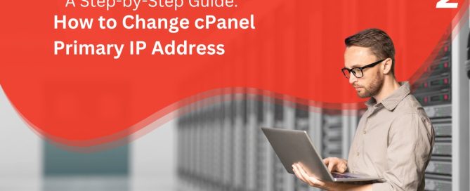 Step-by-step guide to changing the primary IP address in cPanel. A man wearing glasses and a beige shirt is working on a laptop in a data center with a red overlay. The text on the image highlights the guide's topic, and the website www.serveradminz.com is displayed at the bottom