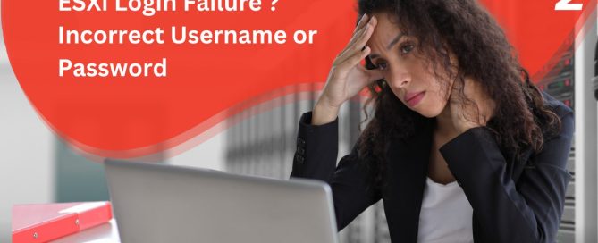 IT professional sitting in front of laptop in a data center with a background of server racks, highlighting the blog title 'ESXi Login Failure:incorrect username and password' in a red overlay. ServerAdminz branding is visible at the bottom