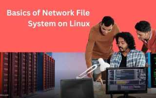 Employees discussing on"Basics of Network File System on Linux". The text on the image highlights the guide's topic, and the website www.serveradminz.com is displayed at the bottom