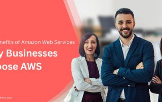 Three business professionals standing confidently next to a banner that reads 'Key Benefits of Amazon Web Services – Why Businesses Choose AWS' with the website www.serveradminz.com