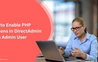 Woman working on a laptop with a guide titled "How to Enable PHP Versions in DirectAdmin as an Admin User" from ServerAdminz displayed beside her