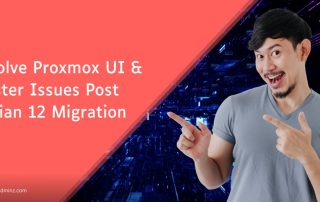 Excited man pointing at text overlay that reads "Resolve Proxmox UI & Cluster Issues Post Debian 12 Migration" with a tech-themed background and the ServerAdminz logo, promoting IT support services for Proxmox and Debian users