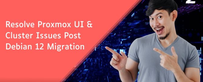 Excited man pointing at text overlay that reads "Resolve Proxmox UI & Cluster Issues Post Debian 12 Migration" with a tech-themed background and the ServerAdminz logo, promoting IT support services for Proxmox and Debian users