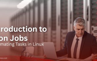 Business professional working on a laptop in a data center, representing automation with Linux cron jobs. Text overlay reads "Introduction to Cron Jobs – Automating Tasks in Linux