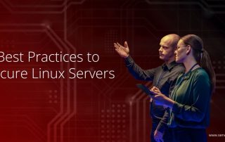 Two IT professionals discussing server security strategies, with a digital circuit background and the text “5 Best Practices to Secure Linux Servers” displayed prominently