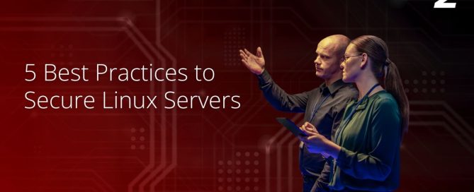 Two IT professionals discussing server security strategies, with a digital circuit background and the text “5 Best Practices to Secure Linux Servers” displayed prominently