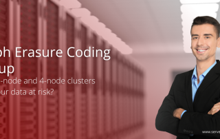 Smiling IT professional in a data center environment with overlay text: Ceph Erasure Coding Setup – Why 3-node and 4-node clusters put your data at risk? – ServerAdminz