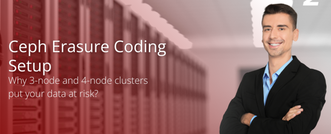 Smiling IT professional in a data center environment with overlay text: Ceph Erasure Coding Setup – Why 3-node and 4-node clusters put your data at risk? – ServerAdminz