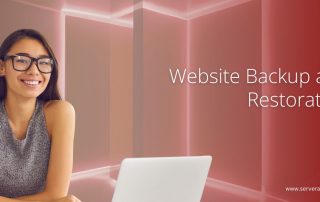 Smiling woman with glasses using a laptop, alongside text 'Website Backup and Restoration' with ServerAdminz branding