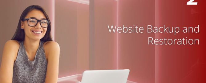 Smiling woman with glasses using a laptop, alongside text 'Website Backup and Restoration' with ServerAdminz branding