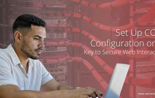 Man working on a laptop in front of server racks with text “Set Up CORS Configuration on S3 – Key to Secure Web Interactions.”