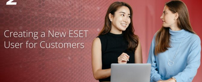 Two women discussing ESET user setup with a laptop, representing creating a new ESET user for customers.