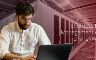 Man working on laptop in data center with text “Effortless PHP Management with cPanel/WHM.”