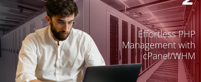 Man working on laptop in data center with text “Effortless PHP Management with cPanel/WHM.”