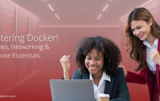 Two professionals celebrating while working on a laptop with text “Mastering Docker! Volumes, Networking & Compose Essentials.”