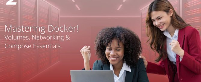 Two professionals celebrating while working on a laptop with text “Mastering Docker! Volumes, Networking & Compose Essentials.”
