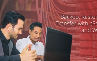 “Backup, Restore & Transfer with cPanel and WHM – two IT professionals working on a laptop with network cables in the background.”