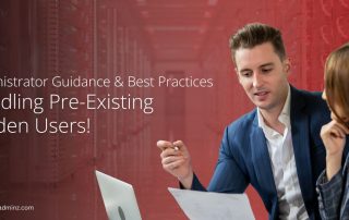 “Handling Pre-Existing Hidden Users – Two professionals discussing technical details with a server-room background and ServerAdminz branding.”