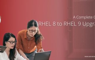 Team collaborating on laptops with a red tech background for RHEL 8 to RHEL 9 upgrade guide.