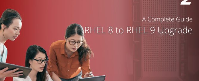 Team collaborating on laptops with a red tech background for RHEL 8 to RHEL 9 upgrade guide.